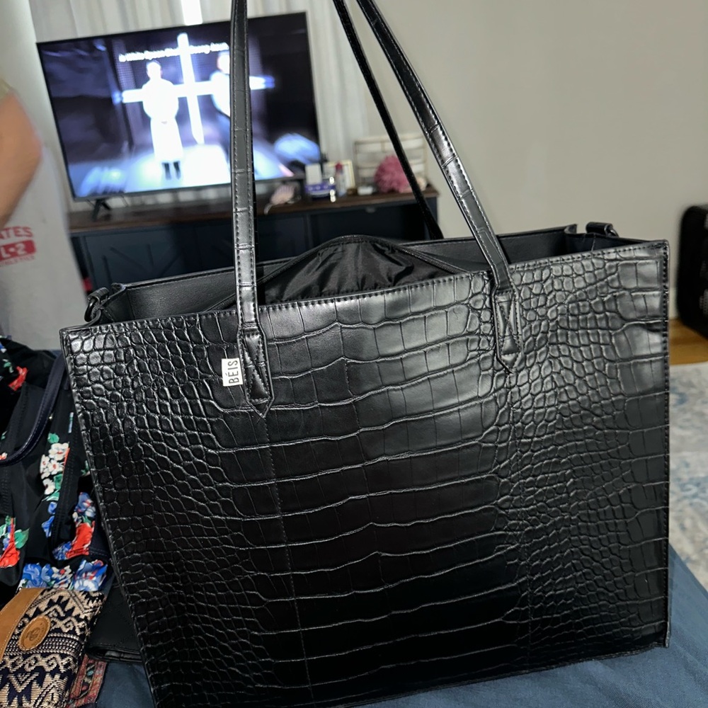 Beis Large Work Tote - Black Croc-Embossed Tote Bag